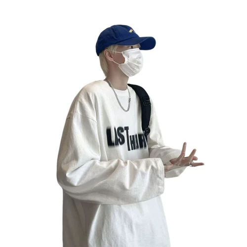 Белый осенний хлопковый трендовый приятный телу лонгслив для отдыха, в американском стиле, оверсайз