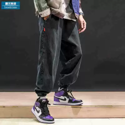 Japanese falling feeling loose bunch feet tooling jeans men's Tide brand big size fat big leg casual trousers Korean version trend