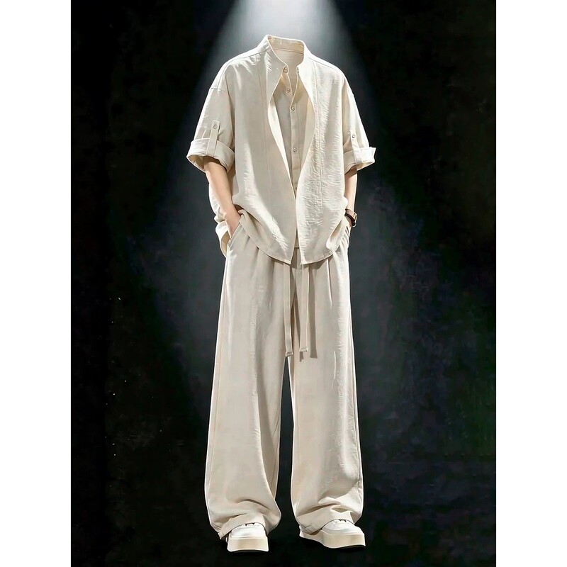 Fake Two-Piece Old Money Style Linen Suit for Men, Summer Outfit with Ice Silk Short-Sleeve Shirt and Long Pants, Complete Set Fake Two-Piece Old Money Style Linen Suit for Men, Summer Outfit with Ice Silk Short-Sleeve Shirt and Long Pants, Complete Set