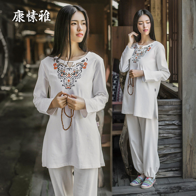 Concian Elegant Cotton Hemp Yoga Suit Suit Woman Summer Zen Willi White Embroidered with Elegant Chinese Style Chinese Style Tea Suit Zen
