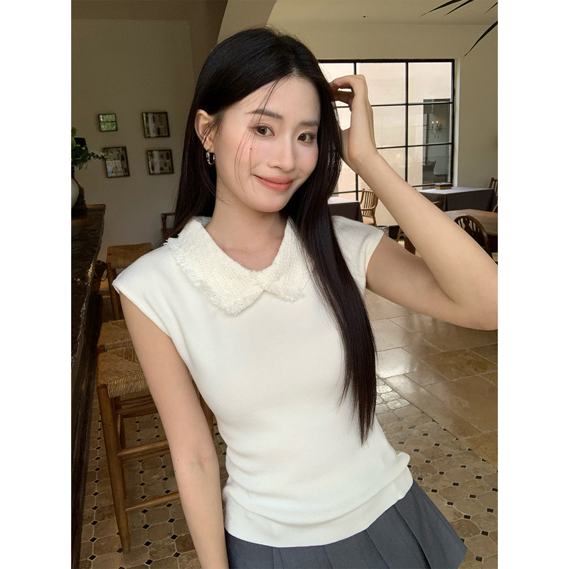 Wenran White Chic Style Frayed Doll Collar Knitted Sleeveless T-Shirt for Women, Summer Elegant Versatile Base Shirt