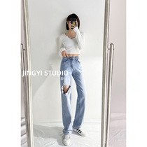 Bankrupt jeans womens straight tube loose 2021 new spring and autumn high waist straight tube thin Joker wide leg pants