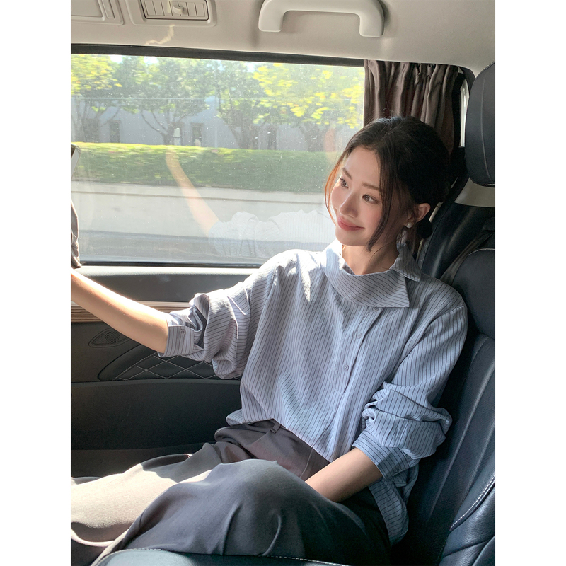 Wenran Vertical Striped Diagonal Button Commuter Casual Long Sleeve Shirt for Women, Spring Loose Fit, Unique Design Shirt
