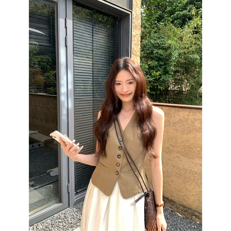 Wenran British Style Khaki Vest for Women, Summer Short Sleeveless Vest with a Layered Look