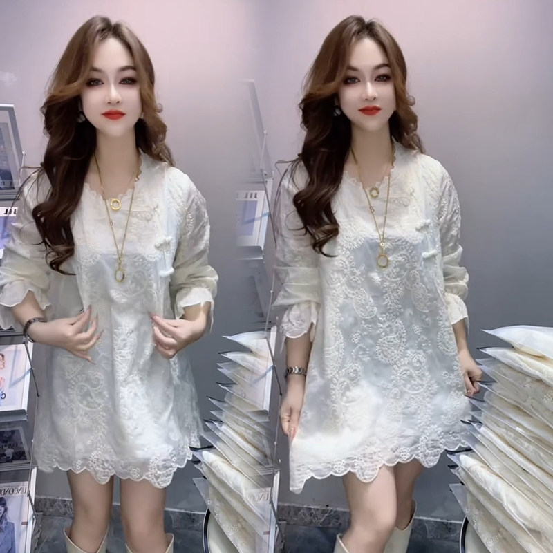 Осенне-зимняя модная маленькая рубашка, свежая, молодая и благородная, новый китайский стиль, национальный стиль, пластинчатая пряжка, вышитая бисером кружевная рубашка с боковым разрезом