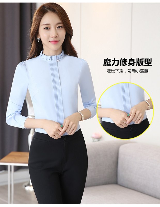Áo sơ mi cạp cao dáng liền màu 2018 xuân mới thời trang ol chuyên nghiệp áo sơ mi nữ tay dài chạm đáy hoang dã áo sơ mi sọc