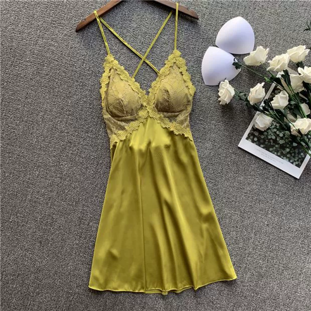 Tide thương hiệu đồ ngủ sexy phụ nữ mùa xuân và mùa hè hở lưng ren cám dỗ Váy ngủ sexy trắng sling lụa - Đêm đầm
