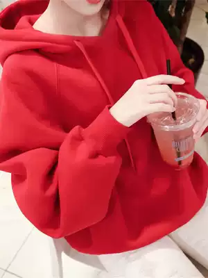 Korean red hooded sweatshirt women 2020 new autumn winter plus velvet padded loose Korean coat ins tide