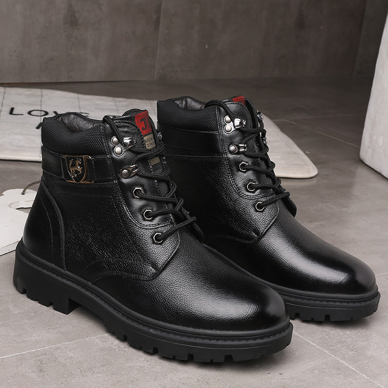 Winter Warm Cotton Boots Men Genuine Leather Gapped Cotton Shoes Men Mid medium-high cylinder Leisure waterproof non-slip men leather boots