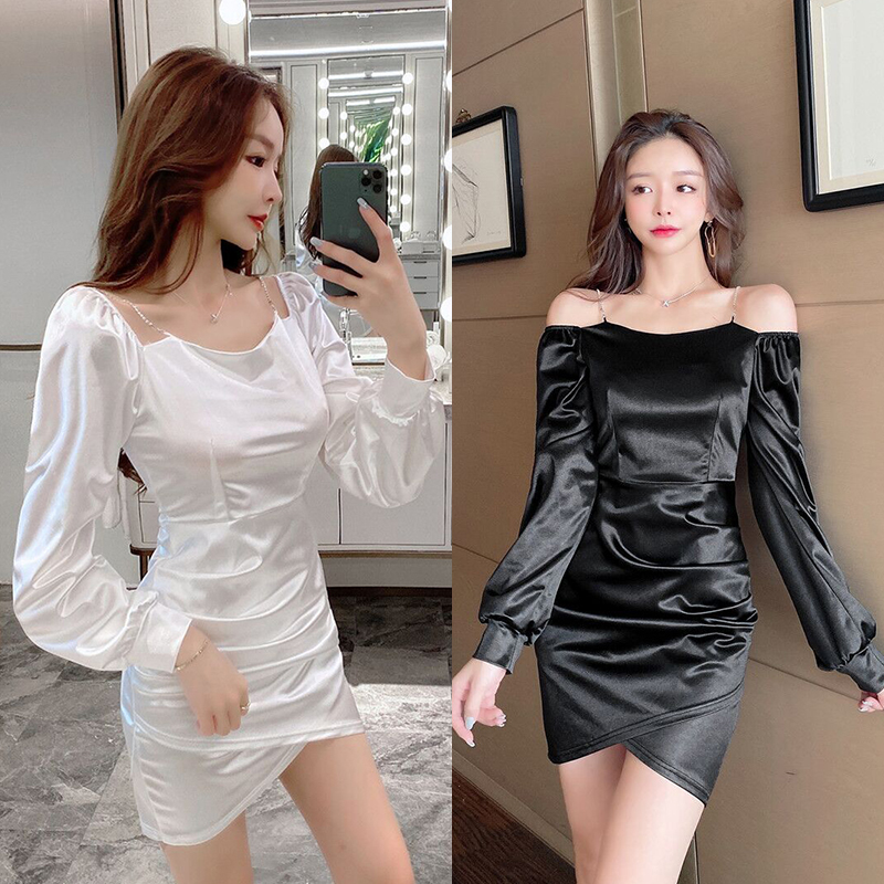 Real shot new sexy care machine one shoulder hollowed out bubble sleeve waist slim irregular dress