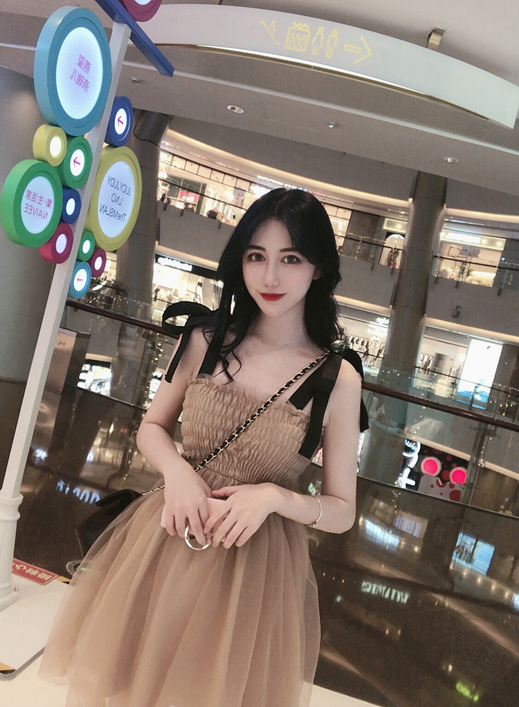 VK旗艦店 韓系性感拼色鏤空網紗抹胸禮服蓬蓬短袖洋裝