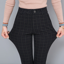 Mom autumn pants womens high waist plaid pants Middle-aged women striped pants autumn loose casual straight pants spring and autumn