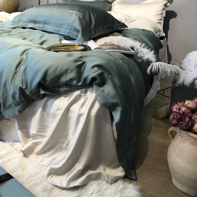 Màu đơn giản 80 đôi hai mặt Tencel mùa hè mượt mà ngủ nude chữ thêu - Bộ đồ giường bốn mảnh bộ ga gối everon