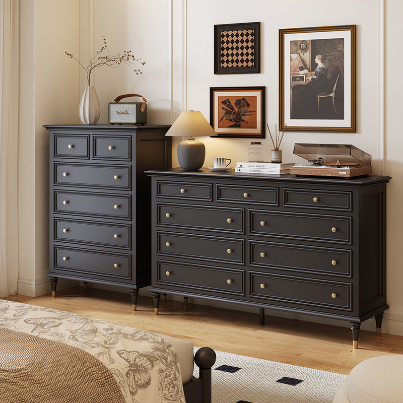 Bloom Retro Nine-Drawer Cabinet Solid Wood French Bedroom Bedside Wall-Mounted Six-Drawer Cabinet Black Large-Capacity Storage Locker