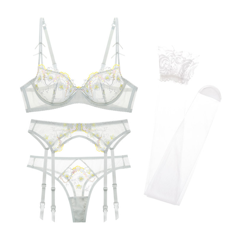 Sexy Bra, Thong, Garter Belt Set, French Lace, Seductive Pure Desire Lingerie, Women's Ultra-Thin Bra