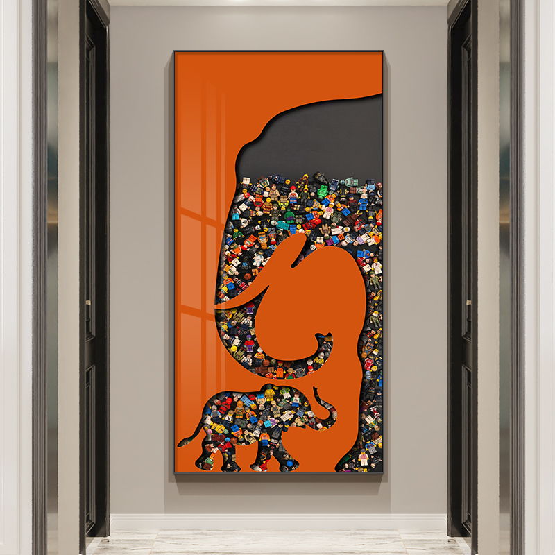 Facing the door porch decorative painting vertical version elephant orange corridor aisle hanging painting living room modern light luxury wall mural