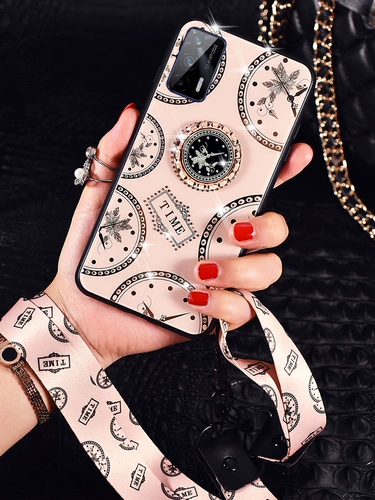 Realmeq3pro Мобильный телефон Case Realme Q3POR Стеклянный силиконовый корпус 5G Full Lopage RMX2205 Anti-Fall Oppo Soft Hard Shell OppoQ3 Shell Realme Женская модная марка с Diamond Lanyard PR0