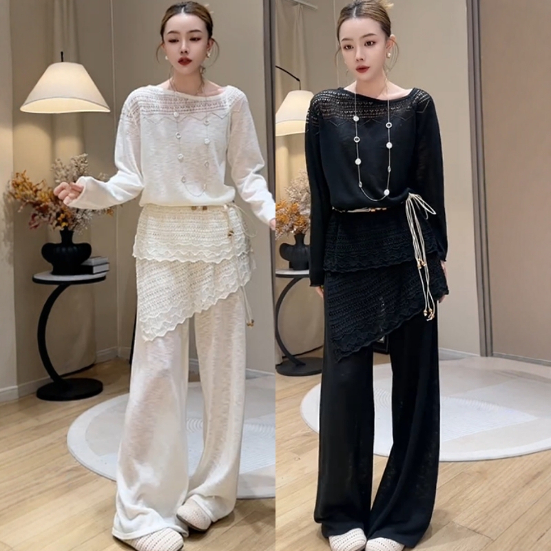 Atmospheric Off-Shoulder Hollow-Out Top Set for Women, Summer Style, Fashionable and Stunning, Wide-Leg Draped Pants, Knitted Two-Piece Set