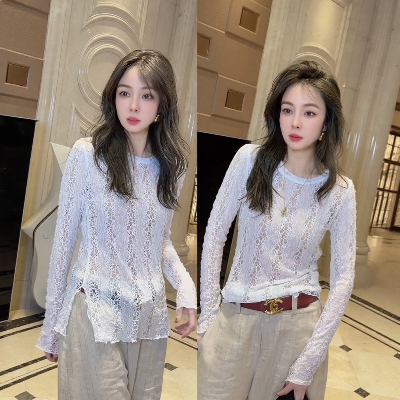 Elegant and Sophisticated Style, Niche Hollow-Out Lace Shirt for Women, Side Slit, See-Through Long-Sleeve Top, Cool and Breathable Sun-Protective Cover-Up