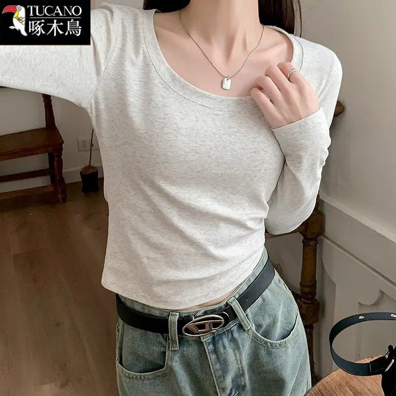 Woodpecker Genuine Popular Patchwork Slim-Fit Design Top Spring U-Neck Long-Sleeve T-Shirt for Middle-Aged Women