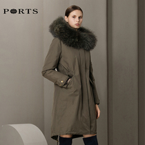 PORTS Baozi womens wool collar drawstring waist down jacket medium and long pike jacket casual