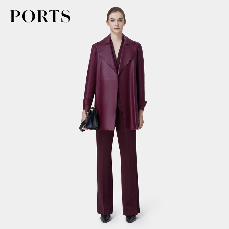 PORTS Baopose Women's Fashion Winter Temperament Comeback Advanced Temperature Salsa Wine Red Beam Waist Cortical Coat-Taobao