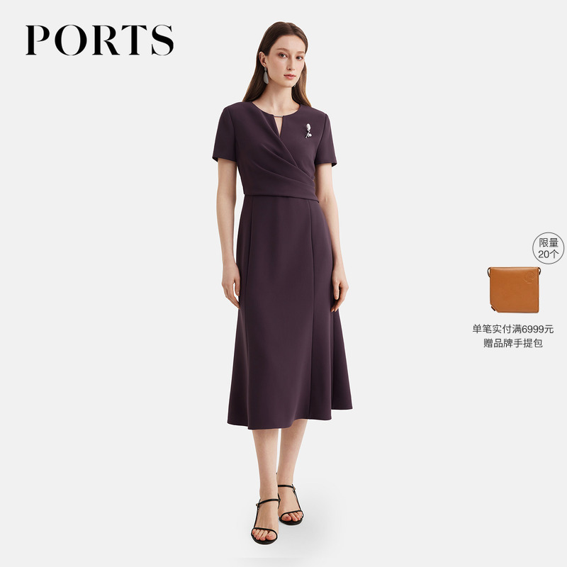 Ports Women's Clothing for Commuting and Formal Occasions, High-End Elegant Acetate Waist-Cinching Dress, Light and Sophisticated Style