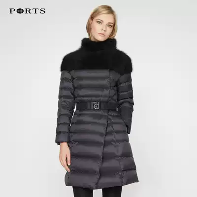 PORTS Baozi women's autumn and winter warm medium and long version of the wool collar stitching down jacket waist LV9U015DZN006
