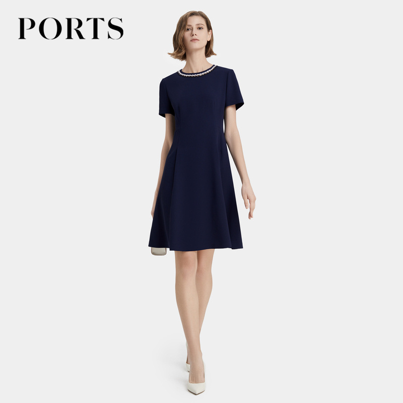 Ports Women's Summer High-End Elegant Style Light and Mature Waist-Flattering Acetate Dress