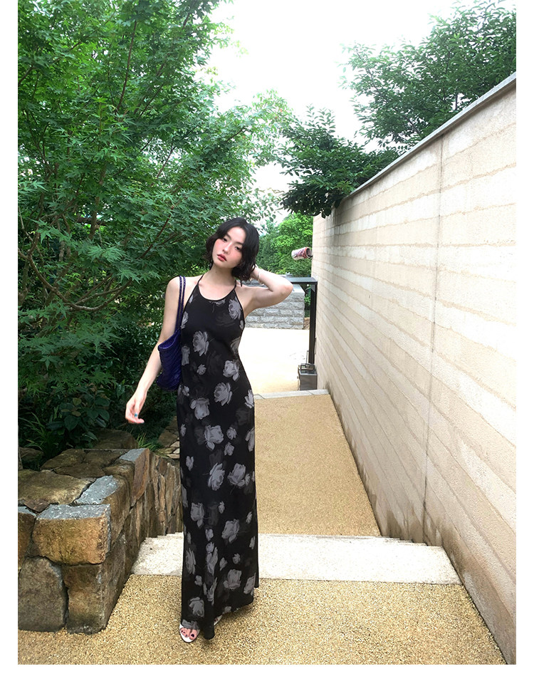 KELIFAN Floral Print Halter Maxi Dress