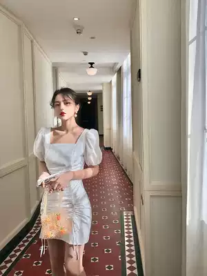 Wine afternoon 2021 summer new French retro pleated dress bubble sleeve square collar chiffon a short skirt children