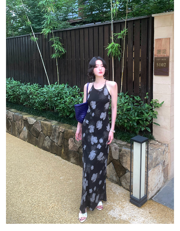 KELIFAN Floral Print Halter Maxi Dress