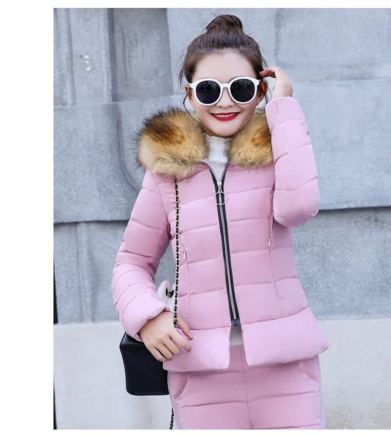 Mùa đông 2018 mới lớn cổ áo lông thú xuống áo khoác cotton phù hợp với nữ thời trang Hàn Quốc hai mảnh khí chất cotton phù hợp áo phao nữ dáng suông