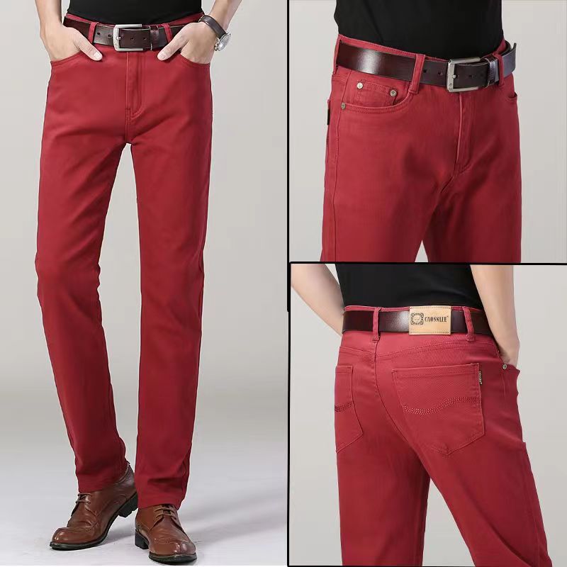 Red Jeans for Young and Middle-Aged Men, Business Casual Long Pants, High-Waisted Straight-Leg Stretch Cotton Solid Color, New Autumn and Winter Style