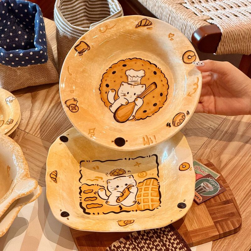 Cute Cat-Shaped Dinner Plate, Household Dish, High-Value Underglaze Ceramic Creative Plate, Deep Plate, Square Plate, Saucer, Soup Plate