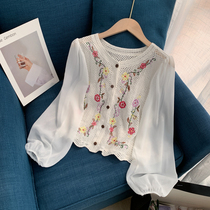 Retro knitted long sleeve shirt Women spring 2021 new design sense niche chiffon cardigan top