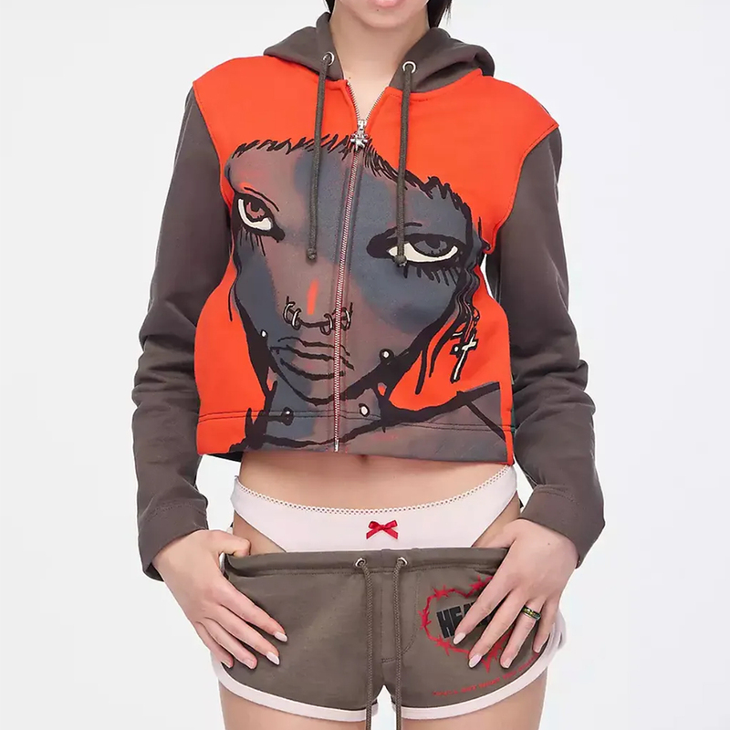 Double-Headed Bear Family Style 25Fw Hooded Printed Cardigan Y2K Hot Girl Short Sweatshirt Jacket Top