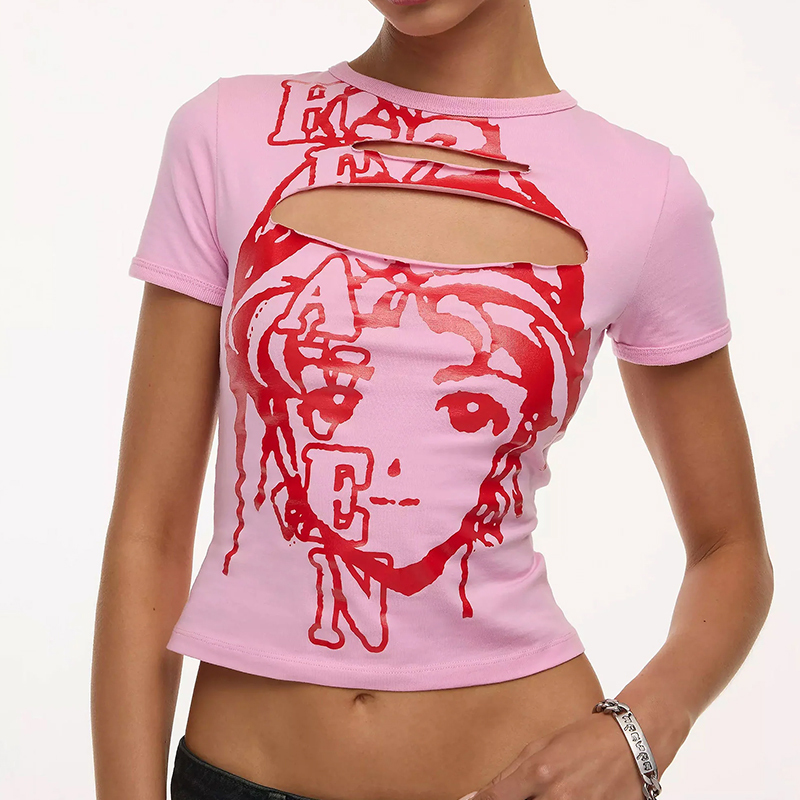 Heavn Cute Print Split Design Hot Girl Y2K Round Neck Short Sleeve T-Shirt Top 24Ss