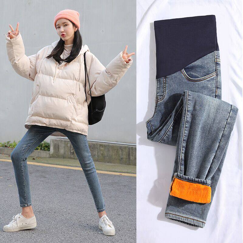 Pregnant women with thicker plus pants and pants in autumn and winter high waist jeans pipe pants fashionably wear autumn trousers