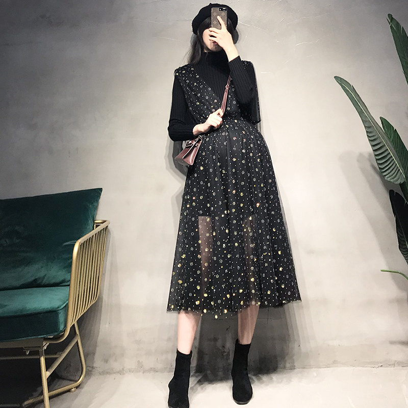 Pregnant women spring fashion autumn and winter ocean gas sweater mesh dress outgoing two sets