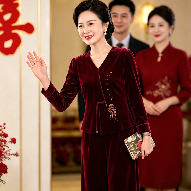 Plus-Size Mother of the Bride Wedding Dress, Velvet Top and Pants Set, 2026, Suitable for Mother-In-Law's Wedding Banquet and Can Be Worn Casually Plus-Size Mother of the Bride Wedding Dress, Velvet Top and Pants Set, 2026, Suitable for Mother-In-Law's Wedding Banquet and Can Be Worn Casually
