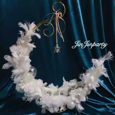 Mini small net red moon boat cake stand moon cake decoration base feather yarn flower light string moon shelf