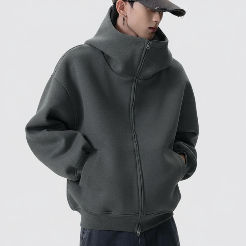Heavyweight 500g Three-Dimensional Hooded Cardigan Sweatshirt, Dark Gray High-Neck Boxy Double-Zipper Silhouette Jacket, Cleanfit Heavyweight 500g Three-Dimensional Hooded Cardigan Sweatshirt, Dark Gray High-Neck Boxy Double-Zipper Silhouette Jacket, Cleanfit