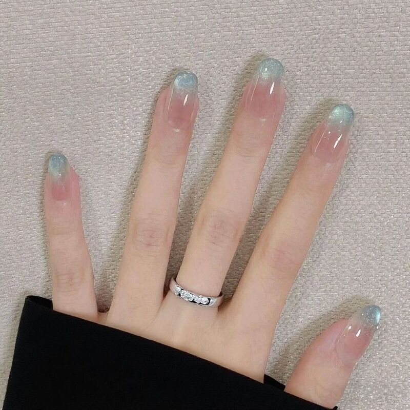Handmade Children's Nail Art Wearable Nails Short Style 2026 New High-End Gradient Blue Long Style Girl Nail Patches