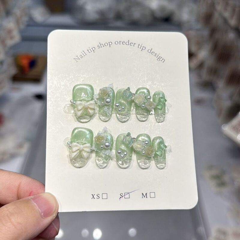 Handmade Children's Nail Art Wearable Nails 2026 New Mint Green Butterfly Medium-Length Nail Stickers for Student Girls
