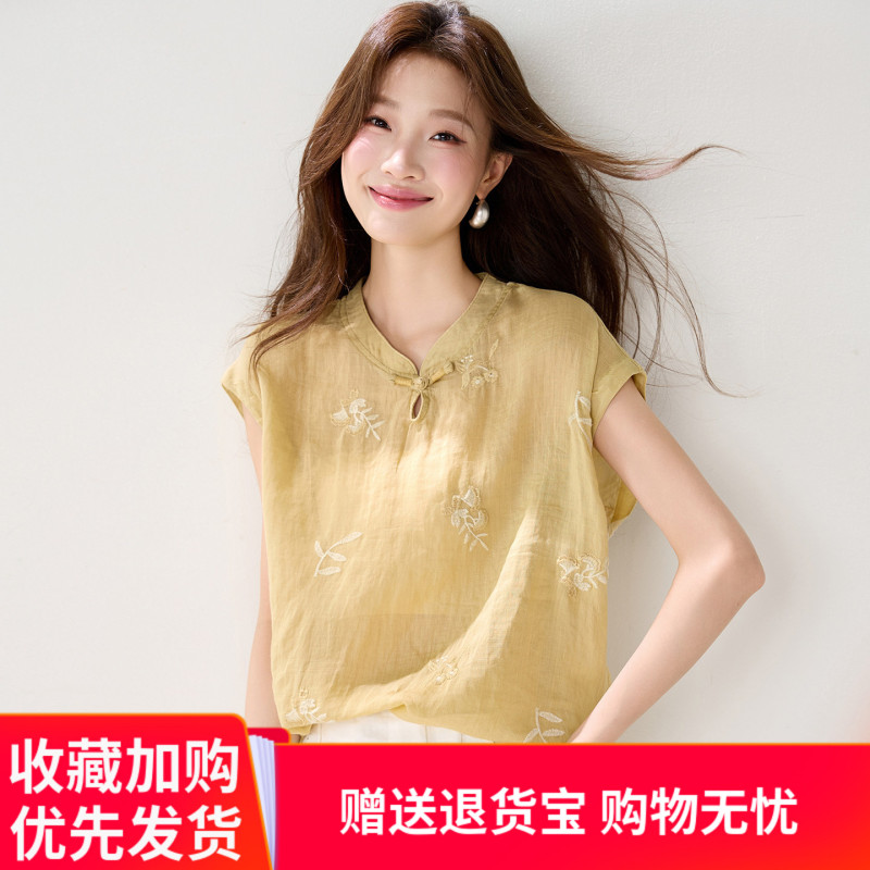 High-End Elegant 100% Ramie Shirt for Women, Summer 2026 New Style, Embroidered, Age-Reducing, Loose Top, New Style Round Neck T-Shirt High-End Elegant 100% Ramie Shirt for Women, Summer 2026 New Style, Embroidered, Age-Reducing, Loose Top, New Style Round Neck T-Shirt