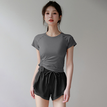 Yoga suit womens summer short casual running sports professional quick-drying morning running fitness wear drawstring short-sleeved top
