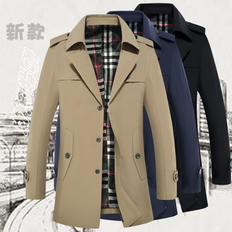 Fleece-Lined Cotton Coat, Trendy Men's Autumn and Winter Trench Coat, Fashionable Casual Mid-Length Jacket, High-End Stylish Thin Style for Young and Middle-Aged Men