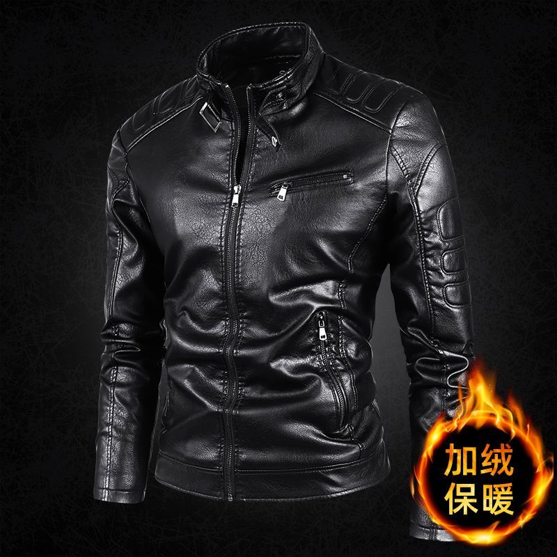 Men's Leather Jacket for Autumn and Winter, Trendy Stand-Collar Casual Motorcycle Riding Jacket, Fleece-Lined, Warm, Windproof Leather Outerwear