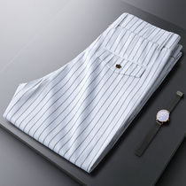 2021 new light extravagant quality high-end vertical striped mens small foot casual pants man straight cylinder slim down business long pants handsome